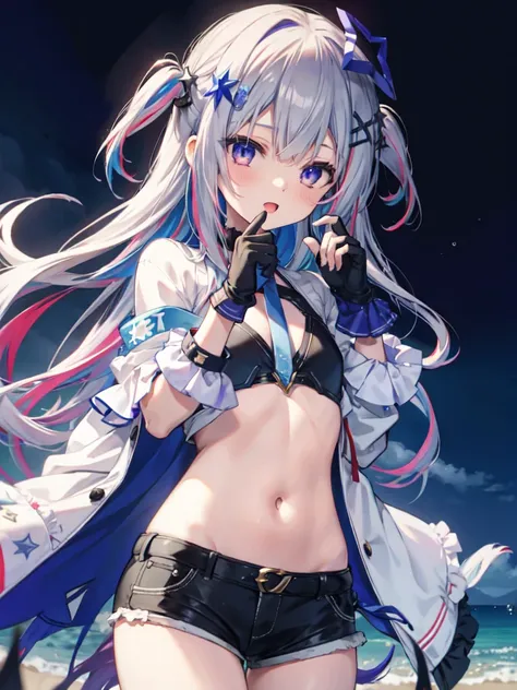 1girl, solo, long hair, gloves, multicolored hair, official alternate hair length, grey hair, colored inner hair, blue hair, purple eyes, halo, star halo, hair ornament, looking at viewer, bangs, open mouth, two side up, frills, hairclip, cowboy shot, sea,...