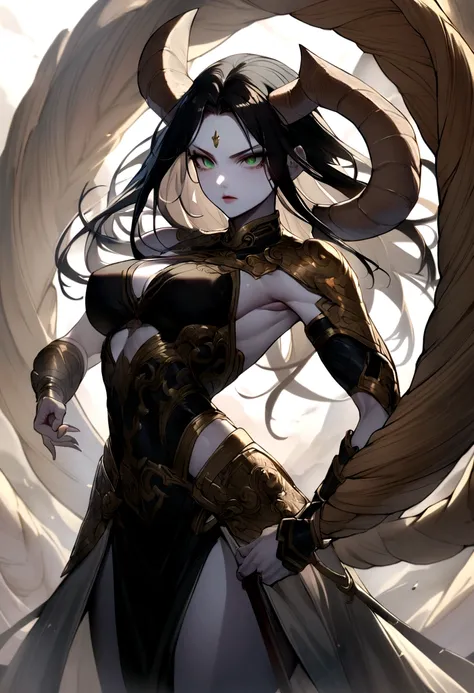 Female warrior character, with long black hair, greeneyes, pale skin, with huge, curved horns like those of a ram, coming out of the temples and curling back, wielding a dagger masterfully