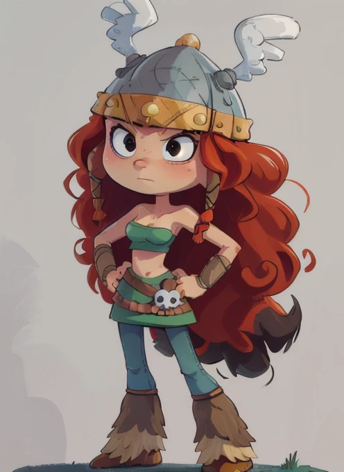 (8k, high resolution,high quality)
((masterpiece)), (detailed fur), (detailed face), concept, simple background
Barbara, long hair, red hair, helmet, skirt, tube top, curly hair, skull, black eyes, 