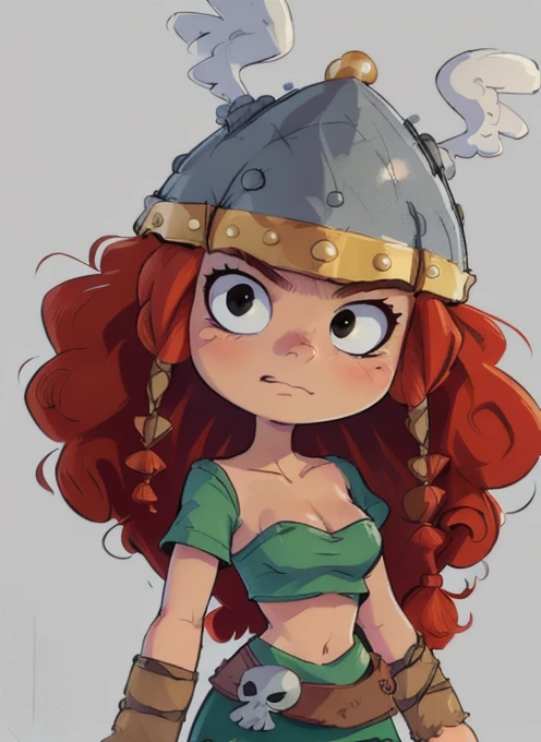 (8k, high resolution,high quality)
((masterpiece)), (detailed fur), (detailed face), concept, simple background
Barbara, long hair, red hair, helmet, skirt, tube top, curly hair, skull, black eyes, 