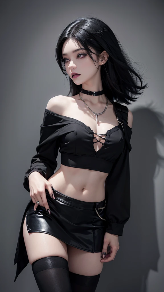 short black hair with a strand of hair covering his right eye a little, piercing in her lip and piercing on the left side of her nose, black lipstick and eyeliner, slightly pale skin, black painted nails, short black long sleeve blouse, Bare torso with nav...