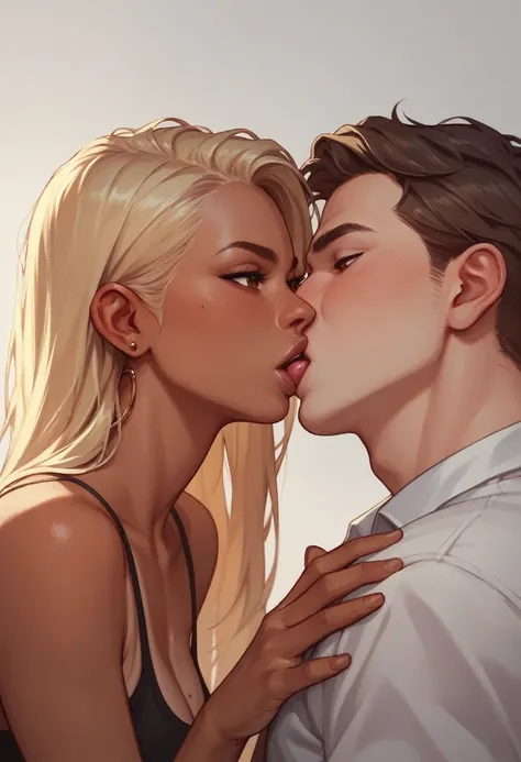 tanned skin , blonde long hair , brown eyes , with a guy kissing 