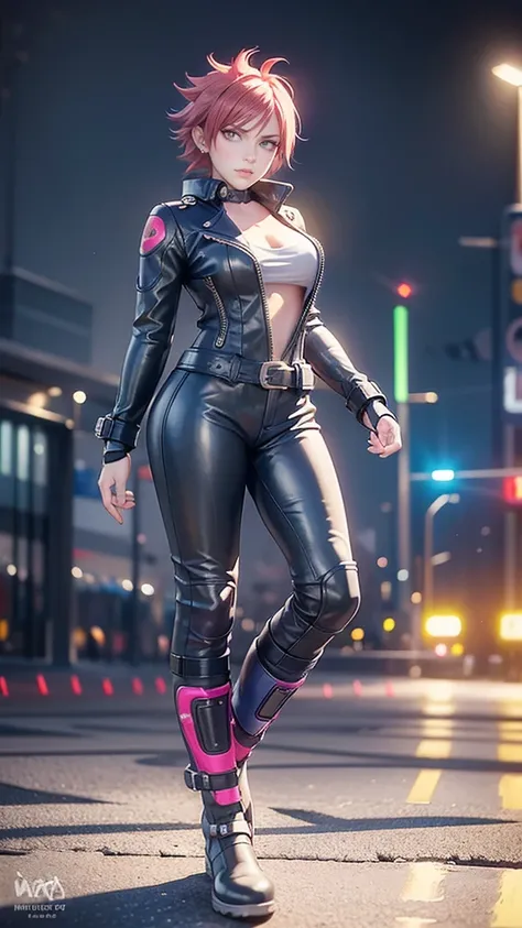 biker Rocker girl, motorcycle, Leather garment, Short hair, yellow glowing eyes, Dark colors, leather waist, ultra detailed face, long eyelashes, skinny, Cyberpunk, Neon lights, Red hair, long boots, tightsuit, Night, the city street, mitts, rain