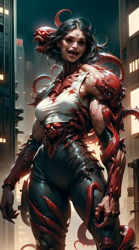 Megan fox as female carnage, (red carnage muscular physique:1.25), (mouth wide open with tongue out, carnage style), standing atop a high skyscraper at night, Realistic, Very detailed face and eyes, (masterpiece:1.1), (best quality:1.1), (highly detailed c...