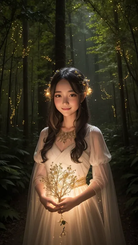 1girls, ,,Simper smile, High-definition image, a woman, her hair adorned with glowing fireflies, eyes shimmering with enchantment. Dressed in a gown made from woven moonlight, she stands in a mystical forest where trees come to life. The scene, bathed in t...