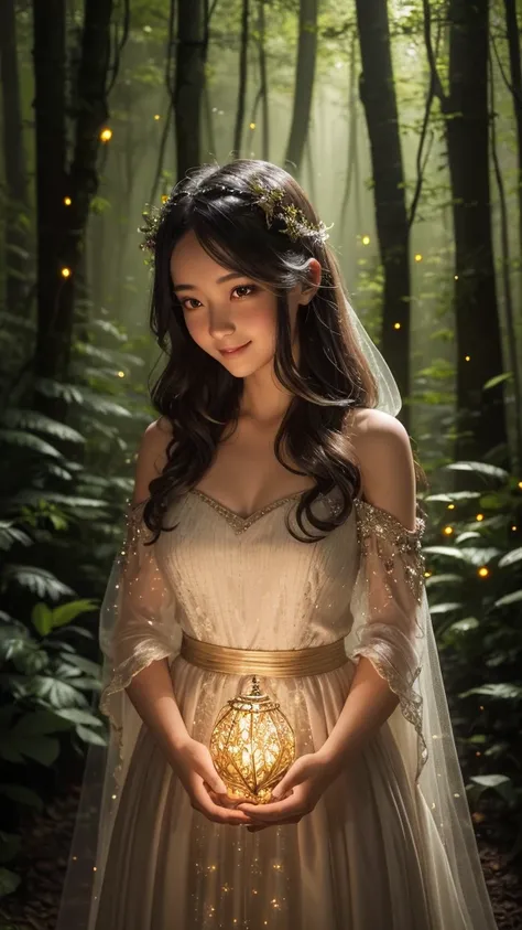 1girls, ,,Simper smile, High-definition image, a woman, her hair adorned with glowing fireflies, eyes shimmering with enchantment. Dressed in a gown made from woven moonlight, she stands in a mystical forest where trees come to life. The scene, bathed in t...