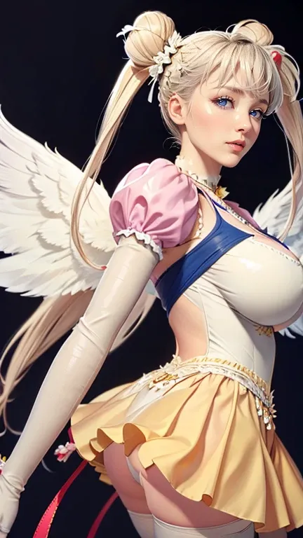 (（（Perfect body,White and tender skin,（（（Yellow layered skirt Pink puffy sleeves White gloves White boots Wing brooch Red choker Red ribbon Wings Hairpin Red bun cover Golden crescent forehead mark）））,（（（EternalSM ，Slender and soft golden hair, crystal cle...