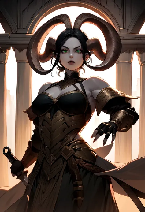 Female warrior character, with long black hair, greeneyes, pale skin, with huge, curved horns like those of a ram, coming out of the temples and curling back, wielding a dagger masterfully, de corpo todo