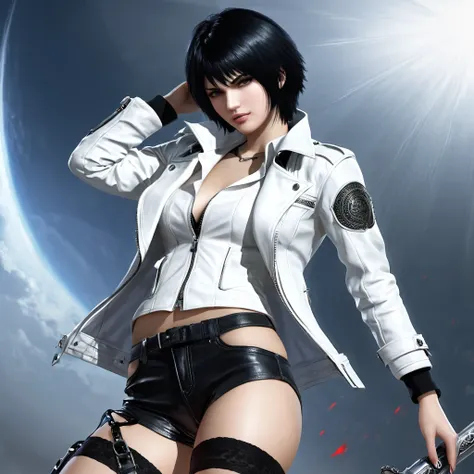 beautyful woman, lady (from devil may cry), white jacket, black panties, black hair, short hair