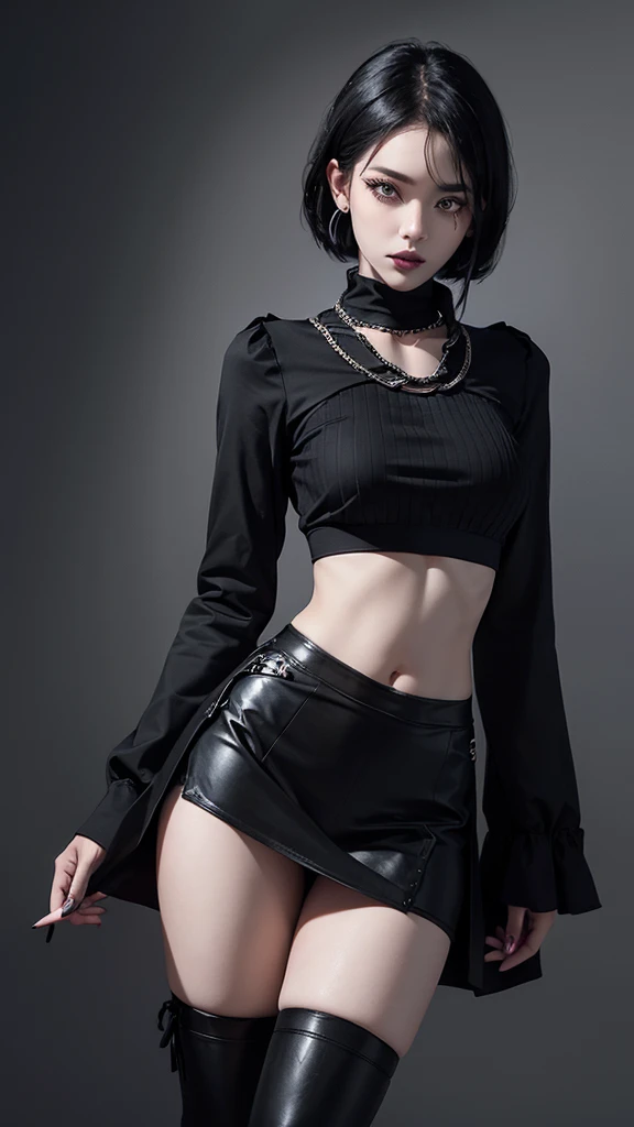 short black hair with a strand of hair covering his right eye a little, piercing in her lip and piercing on the left side of her nose, black lipstick and eyeliner, slightly pale skin, black painted nails, short black long sleeve blouse, Bare torso with nav...