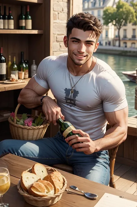 A wide shot in high definition with a handsome young muscular Brazilian man dressed in jeans and a t-shirt, holding and tasting a glass of wine comfortably and smiling, sitting at a charming little table in a beautiful bistro in Paris facing the River Sein...