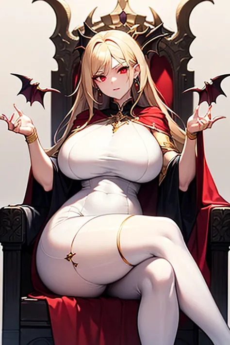 masterpiece, extra limbs, 1vampire lady, 250 years old,((light gold extra long hair)), slant blank ruby red eyes, big breasts, curvy,(pale white finely detailed skin), (serious),(((clothed elegant dress))),hair ornaments,earrings,cape,Grimoire,crossed legs...