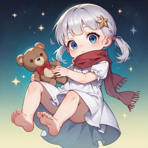 (((masterpiece))), (((best quality))),(((high detail))),light manipulation, girl with silver hair, gradient purple to sky blue eyes, wearing a white dress, a red scarf, (((loli))), (((child))) , galaxy background, holding a teddy bear, feet, no footwear