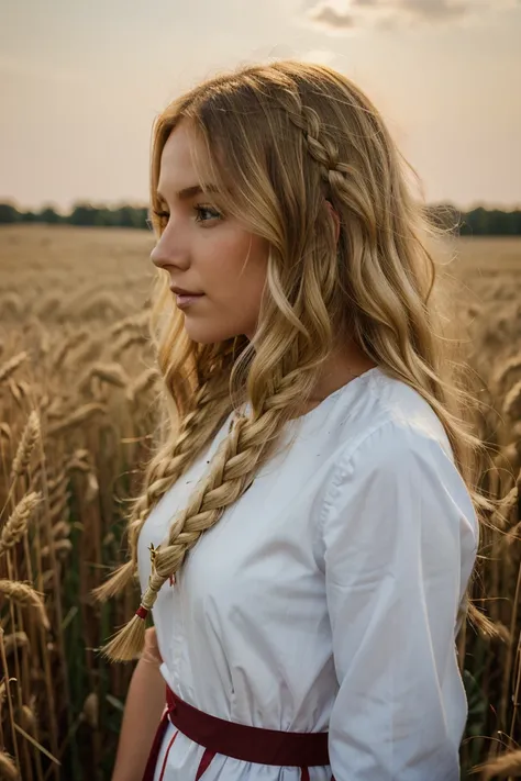 Woman in the field of wheat, wearing red white and blue, blonde wavy hair