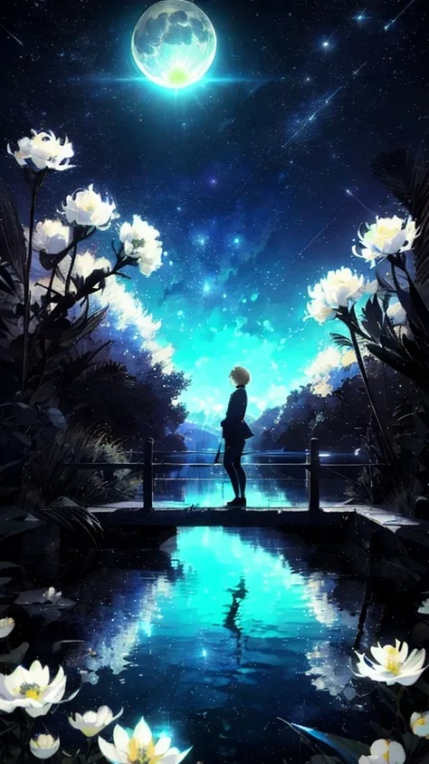 A girl, Solitary, Stand on the water, Reflective surface, , Cat ear, (poster:0.76), (Palm leaves),  White flowers, (Blue light glow:1.2), night, Dark theme, Starry Sky, dream，moonlight