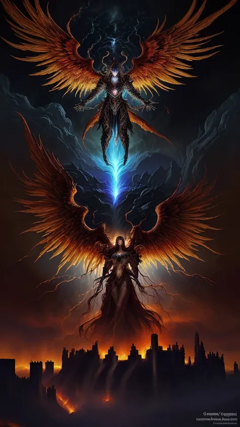 Celestial realm clashing with the inferno, angels with shimmering wings juxtaposed against grotesque demons, ethereal light of paradise waterfalling over golden city ruins, turbulent crimson tempest swirling around obsidian castle, ethereal glow, silhouett...