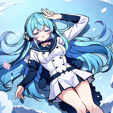 (artwork, best quality) a girl with long blue hair, closed eyes, blue eyelashes, white sailor suit, big breasts, perfect body, beautiful eyes, good waist, tattoo, screaming with joy, arms and legs open, listening to music with a headset, lying in the snow