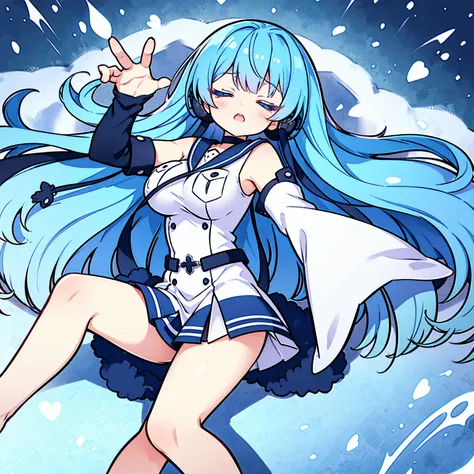 (artwork, best quality) a girl with long blue hair, closed eyes, blue eyelashes, white sailor suit, big breasts, perfect body, beautiful eyes, good waist, tattoo, screaming with joy, arms and legs open, listening to music with a headset, lying in the snow