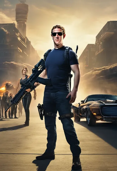 a man standing next to a woman holding a gun, mark zuckenberg, photo of mark zuckerberg, mark zuckerberg plays terminator, international gothic, with rifle in hands, zuckerberg and bezos, zuckerberg, raygun gothic, film still from dune 2020, still from the...