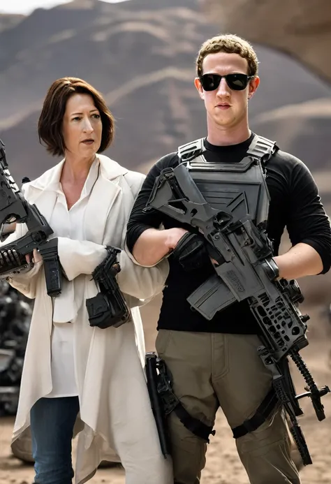 a man standing next to a woman holding a gun, mark zuckenberg, photo of mark zuckerberg, mark zuckerberg plays terminator, international gothic, with rifle in hands, zuckerberg and bezos, zuckerberg, raygun gothic, film still from dune 2020, still from the...