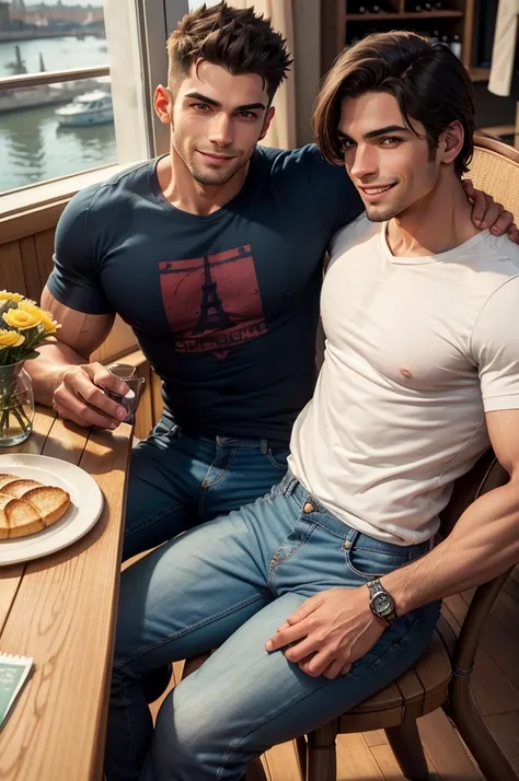 A wide shot in high definition with a handsome young muscular Brazilian man dressed in jeans and a t-shirt, holding and tasting a glass of wine comfortably and smiling, sitting at a charming little table in a beautiful bistro in Paris facing the River Sein...