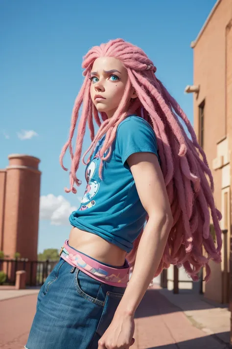 Funky Disney Pixar 3D character with curly pink hair, big blue eyes and a short dreadlock with a sad face