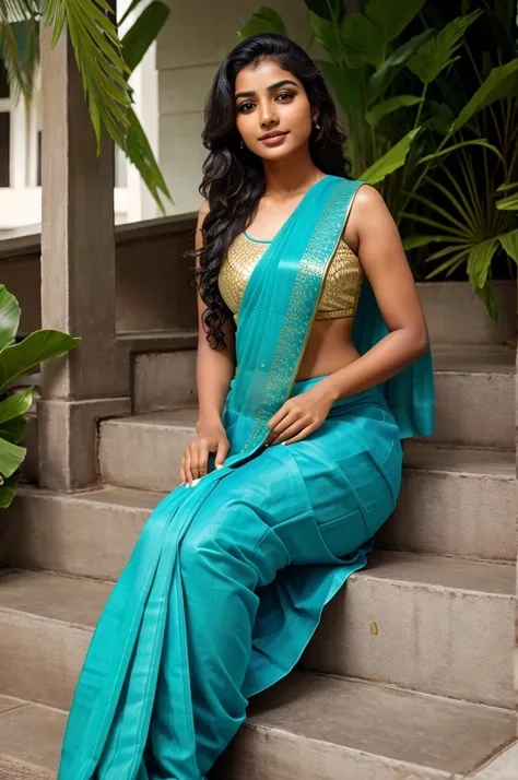 A beautiful Kerala girl in a set saree sits on the steps of the pool and looks at the pool