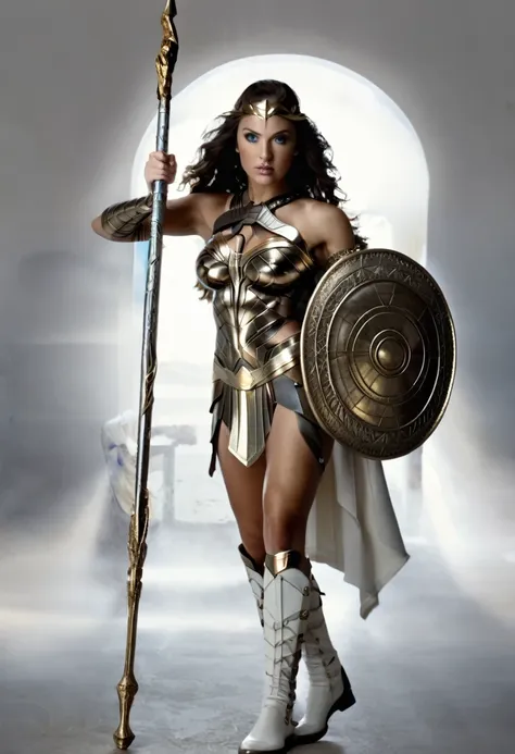 (((full body photo))), sexy greek warrior female superhero who is a demigoddess , blue eyes and long dark brown hair . she wears...