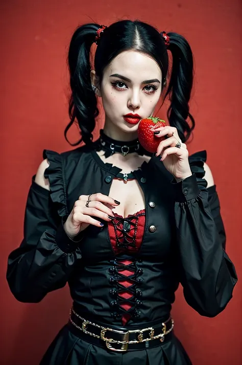 ((best quality)), ((masterpiece)), (detailed), perfect face rocker woman, in black clothes, similar to Harley Quinn, eating strawberry. Gothic background. IMAGEM FULL HD