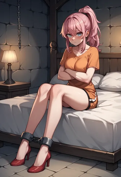 score_9, score_8_up, score_7_up, score_6_up, score_5_up, score_4_up, source_anime, 1girl,bed ,pink hair, ponytail, white eyes, w-w-chain, shackles , crossed arms, loose hair, black orange shirt,sweatpants,red high heels , night , dungeon, best quality, bes...