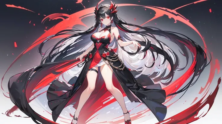 (Exquisite eyes),(Clear and beautiful eyes:1.61),masterpiece, 1 young girl,(Black clothes and some red gems), Black long hair, (She has a huge red gem on her chest), Good Hand,((The Havoc of StarCraft)),full-body shot,Fighting Stance,(Red Eyes:1.466)，short...