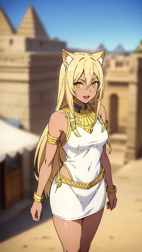 (1girl ,solo,20s,mature female),blonde hair,long hair,cat ears,yellow eyes,(((dark skin))),(Egypt, blue sky, sun),white egypt oufit,bare shoulders,looking at view,open mouth,smile