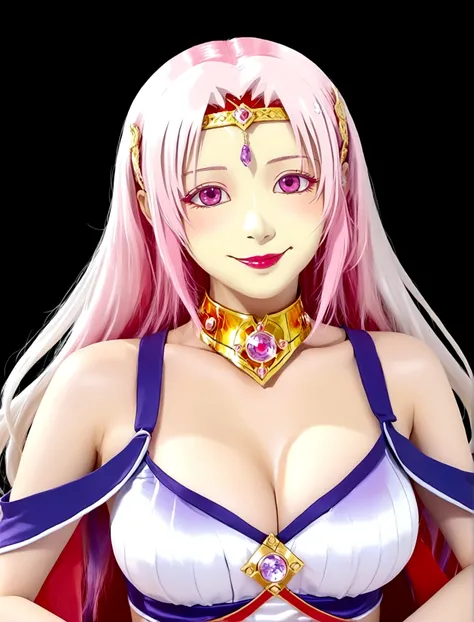 1girl, solo, long hair, breasts, looking at viewer, smile, large breasts, cleavage, bare shoulders, collarbone, upper body, pink hair, choker, pink eyes, circlet