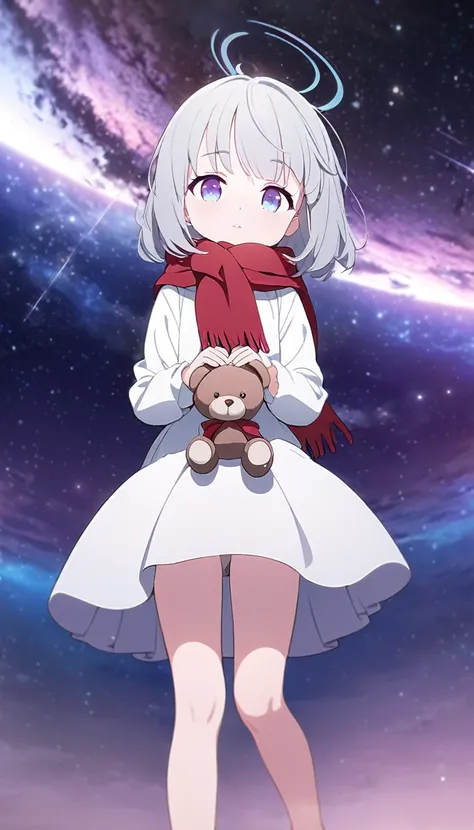 (((masterpiece))), (((best quality))),(((high detail))),light manipulation, girl with silver hair, gradient purple to sky blue eyes, wearing a white dress, a red scarf, (((loli))), (((child))) , galaxy background, holding a teddy bear, feet, no footwear