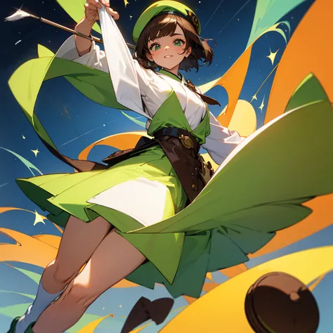 a beautiful young girl with chocolate brown hair in a short japanese bob haircut, wearing a cocoa brown beret painters hat with a paintbrush insignia, a lime green artist smock over a white shirt, a green belt, a cyan green panel skirt, white socks, and li...