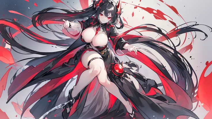 (Exquisite eyes),(Clear and beautiful eyes:1.61),masterpiece, 1 young girl,(Black clothes and some red gems), Black long hair, (She has a huge red gem on her chest), Good Hand,((The Havoc of StarCraft)),full-body shot,Fighting Stance,(Red Eyes:1.466)，short...