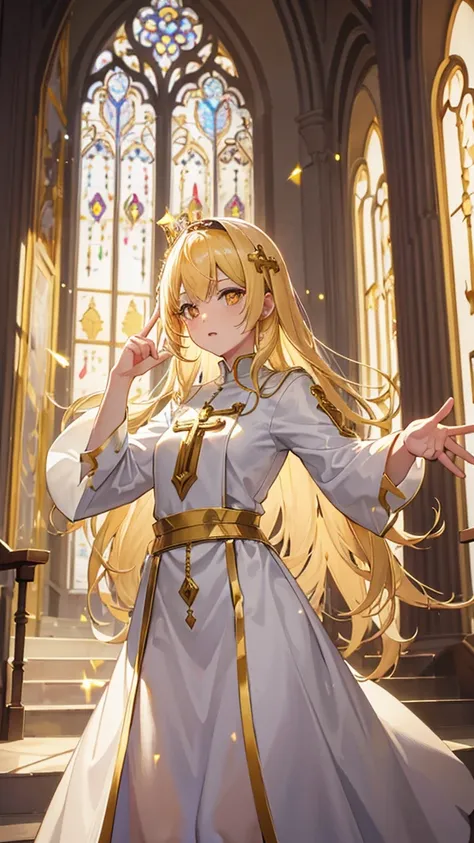 Priest , gold hair, yellow sparkling eyes, white cute clothes, stands in cathedral, holds finger at her mouth