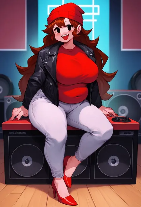 score_9, score_8_up, score_7_up, solo, 1girl, girlfriend (friday night funkin), smile, sitting on speakers, red footwear, high heels, black eyes HypnoLullabyGF, Red beanie hat, solo, brown hair, jacket, red headwear, pants, smile, red shirt, black eyes, op...