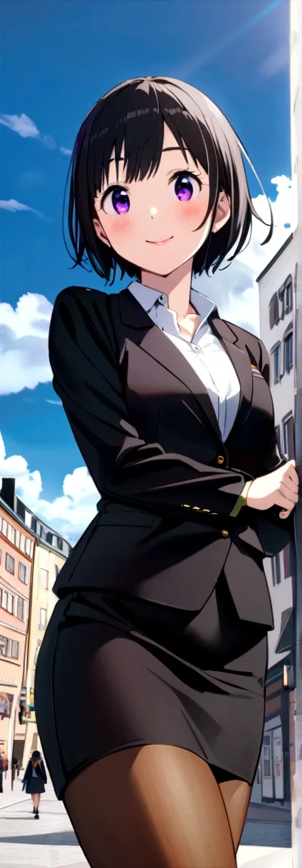 shinkai makoto, kimi no na wa., 1girl, bangs, black hair, blush, dark purple eyes, sky, cloud, looking at the viewer, outdoors, short hair, smile, solo, ​suit, office lady, black skirt, black blazer, pencil skirt, white shirt, collared shirt, brown pantyho...