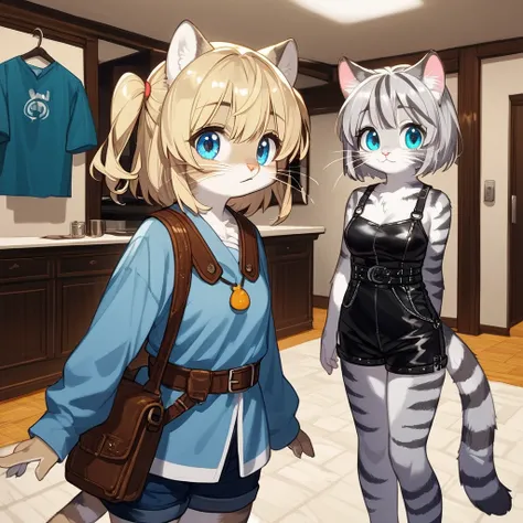 score_9,score_8_up,score_7_up, source_furry, kemono style, niji anime style, kat, an anthro furry feline girl, silver fur, grey stripes, pink nose, :3, blue eyes, white whiskers, short blonde hair, pony tail, side locks, tall body, wearing short blue tunic...