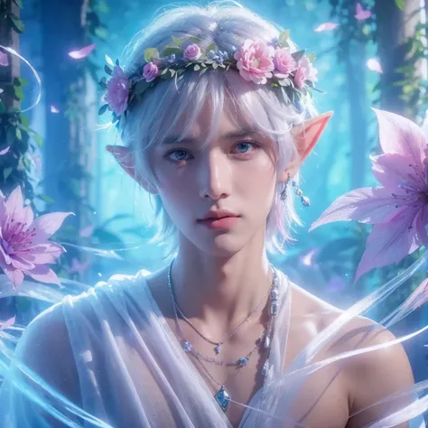 Handsome boy, white hair, white eyes, wearing light blue and pink flower crown, wearing white indian loin-cloth, elf ear, "surrounded by light blue, pink, and purple light, magic forest background