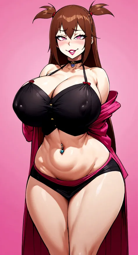 big lips, Brown hair, pink eyes, japanese face, improve, improve grin, two sides up, huge breasts, Wide hips, sexy, detailed, pink room, Hits, (evil smile1.4), kawaii, skirt lewd, lewd, GOOD, lewd costume, lewd shirt,  choker, lewd skirt, lewd shirt,navel ...