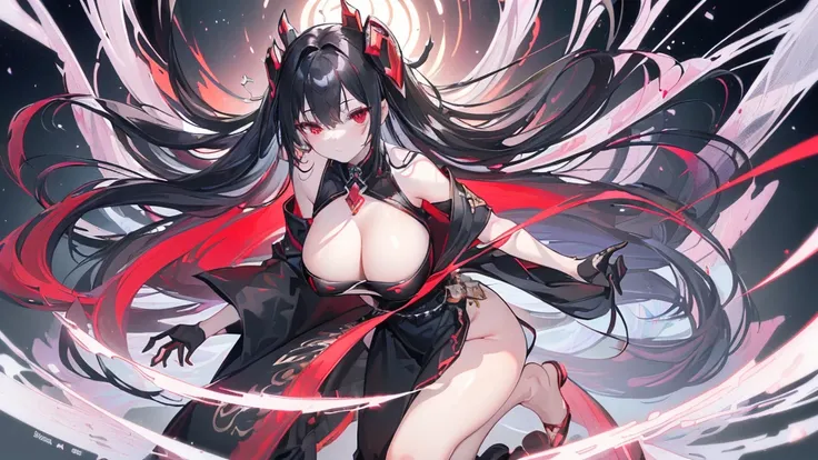 (Exquisite eyes),(Clear and beautiful eyes:1.61),masterpiece, 1 young girl,(Black clothes and some red gems), Black long hair, (She has a huge red gem on her chest), Good Hand,((The Havoc of StarCraft)),full-body shot,Fighting Stance,(Red Eyes:1.466)，short...