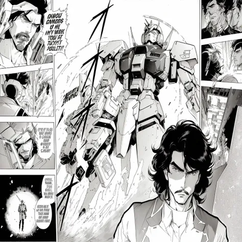 a close up of a comic page with a person in a suit, on a gundam, gundam style, award winning manga style, drdisrespect as a gundam, manga scans, # mecha, extreme gundam, tsutomu nihei style, black and white manga panel, in style of manga, striking manga ar...