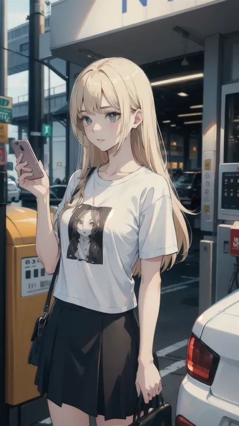 ((best quality)), ((masterpiece)), (detailed), one girl with long blond hair in white t-shirt and black skirt calling with phone in hand on parking lot on gas station. 