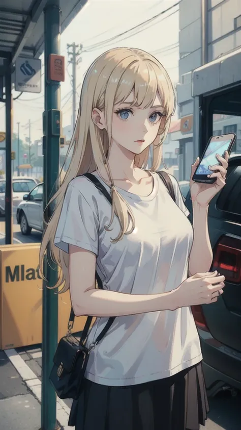 ((best quality)), ((masterpiece)), (detailed), one girl with long blond hair in white t-shirt and black skirt calling with phone in hand on parking lot on gas station. 