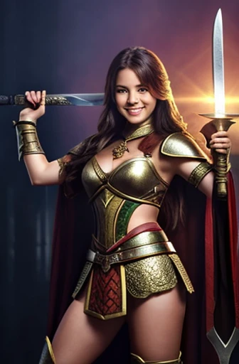 A fantasy female warrior, a sword in her hand, smiling, laughing, a twinkle in her eye, attractive, full body