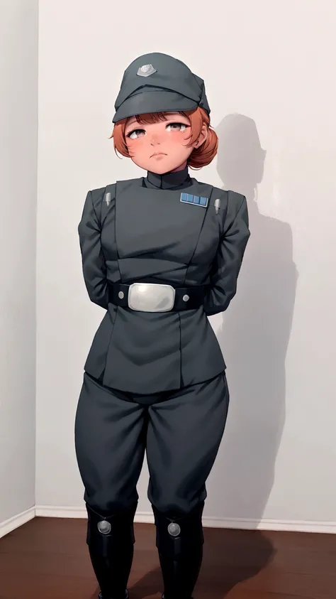 Pretty young ginger girl in olive green imperial officer uniform and hat, hair in bun, pale skin, little orange freckles, narrow squinty eyes