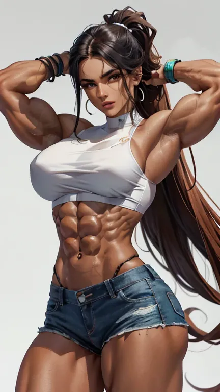 uma garota linda de cabelos marrons musclegirl, sfw,  fly away, six pack abs, six pack abs, musclegirl, large biceps, arms lowered, muscular shoulders, waist up, 8K, ((White background:1.1)), 1girl, abs,へそ,(master part, high qualiy:1.1)