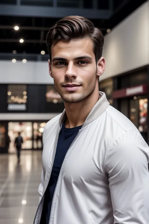 young handsome slim brunette man taking selfie realistic 8k, in a shopping center, high quality background